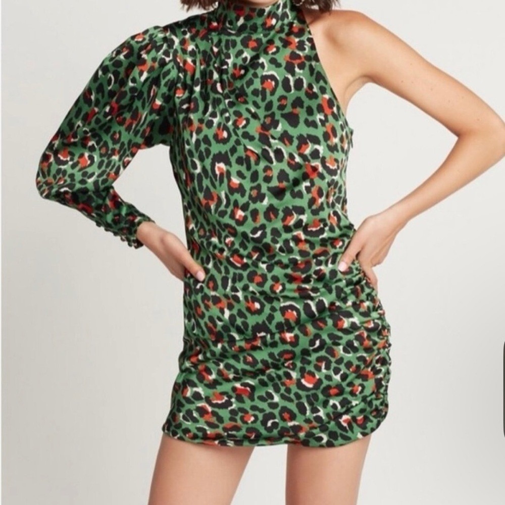 Choosy‎ Green Leopard One Shoulder Ruched Mini Dress Puff Sleeve Mock Neck Party